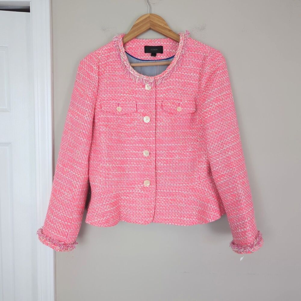 J. Crew Peplum Tweed Neon Pink Lady Jacket Blazer Size 10 Elle Woods